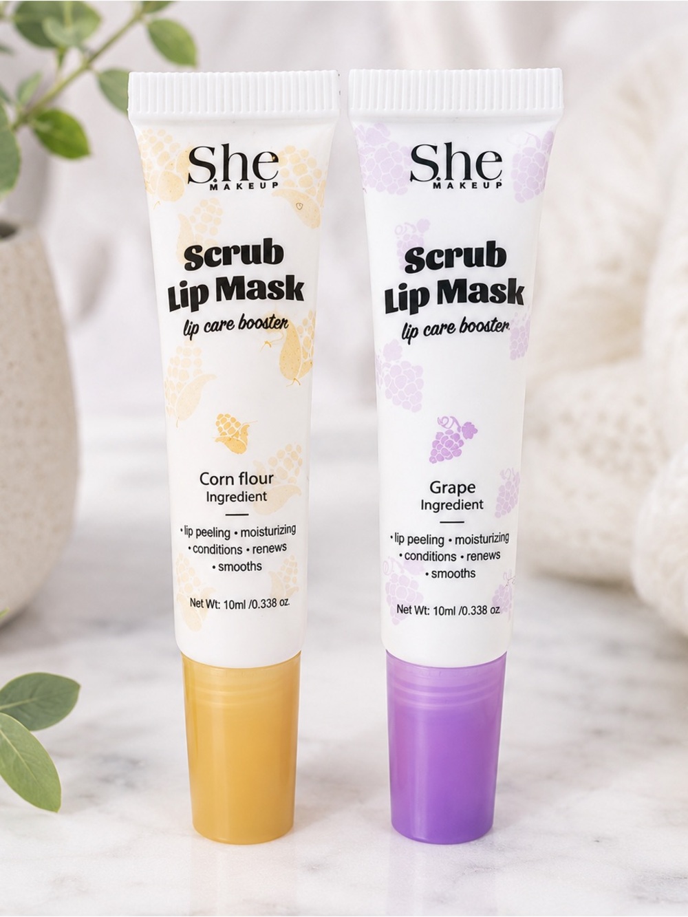 S.HE Makeup Scrub Lip Mask Duo – Corn Flour + Grape